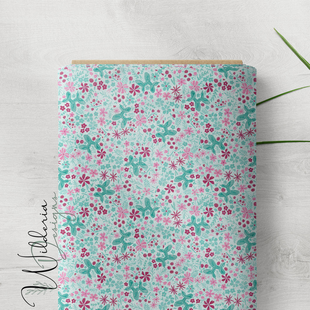 Balloon Pup Floral - Green Pup - Speckled Denim