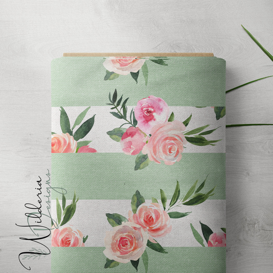 Summer Florals - Linen Stripe - Mist **Limited Design**