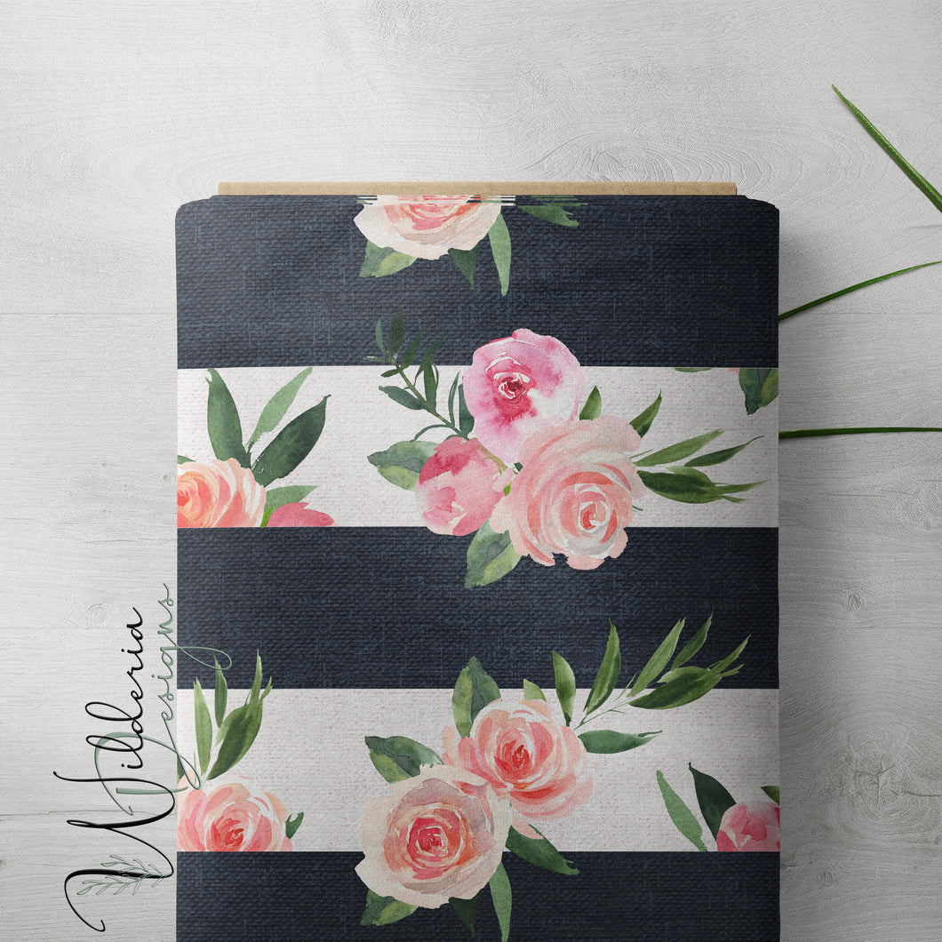 Summer Florals - Linen Stripe - Navy **Limited Design**